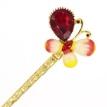 Gold Finish Enamel Butterfly Hair Stick with Rhinestones Red